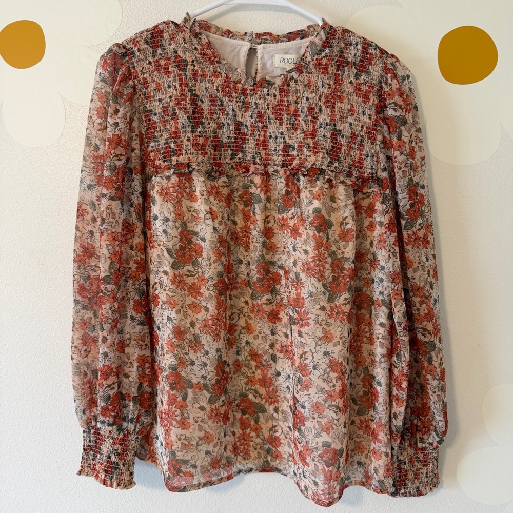 NWT  Roolee Smocked Balloon Sleeve Blouse Cream and Rust Floral